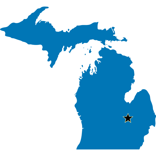 Map silhouette of Michigan with a star near Swartz Creek